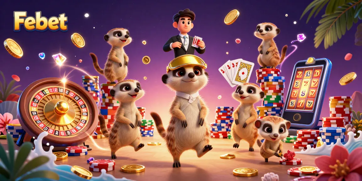 Experience thrilling gameplay at Febet with an elaborate casino scene featuring meerkats and vibrant game elements.
