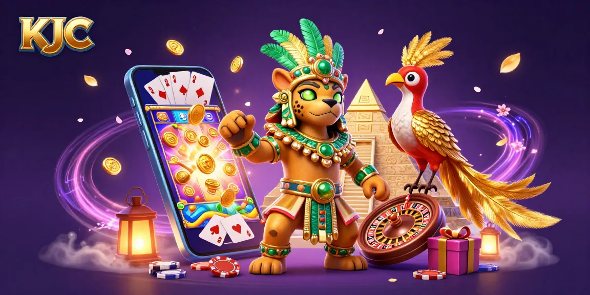 KJC players enjoy immersive casino experiences in a vibrant 3D slot game scene with gambling elements.