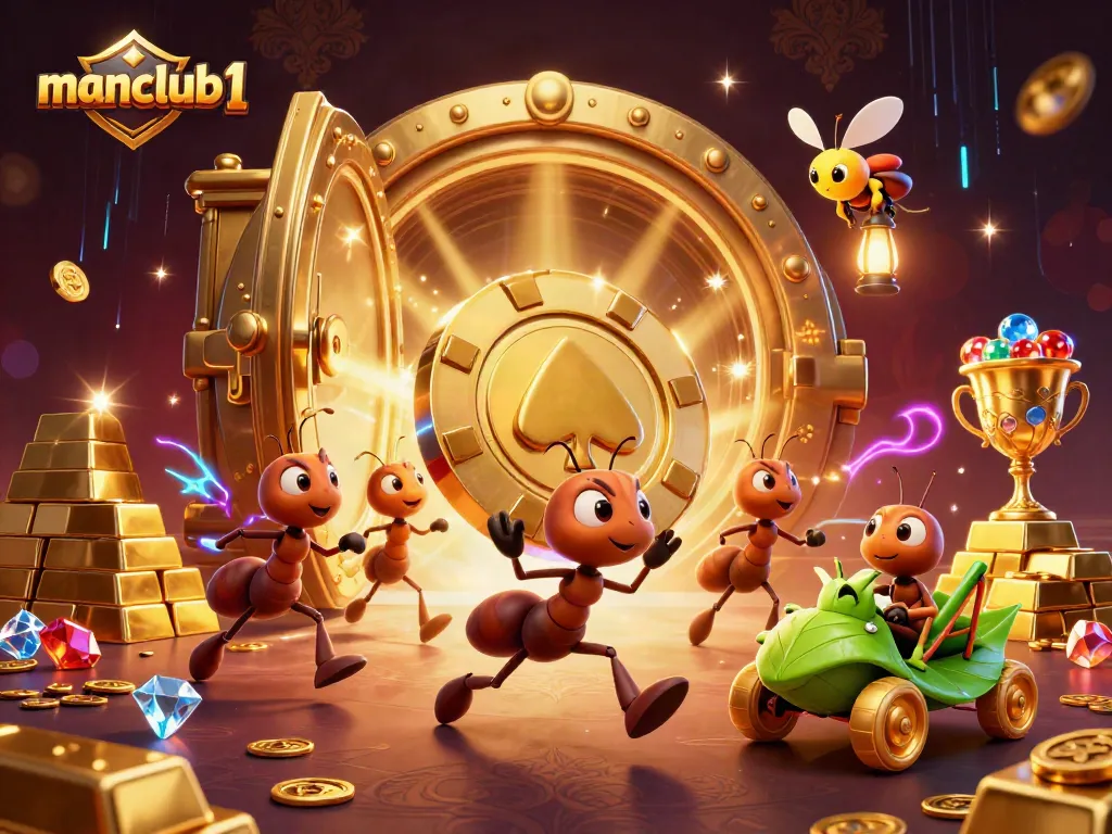 Join the excitement at manclub1 with a thrilling heist scene featuring cartoon ants and golden treasures!