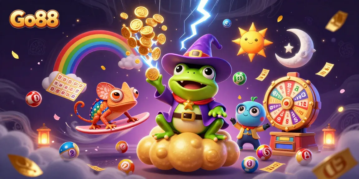 Go88 engages players with a colorful scene of a weather wizard frog and chameleon amidst exciting lottery elements.