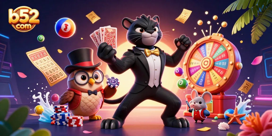 Experience thrilling gameplay with b52 com as the panther deals cards amidst festive casino elements.
