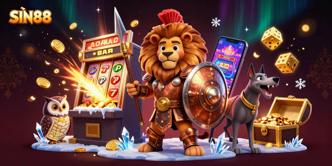 SIN88 gaming action depicted with a Spartan lion and characters surrounded by vibrant casino elements.