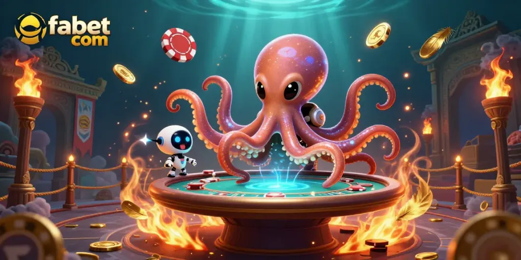 Experience the thrilling games at fabet com with a cosmic octopus and poker table illustration.