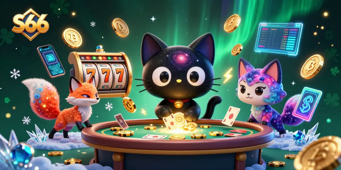 S66 casino scene featuring a black hole cat and nebula fox surrounded by vibrant slot elements and crypto coins.