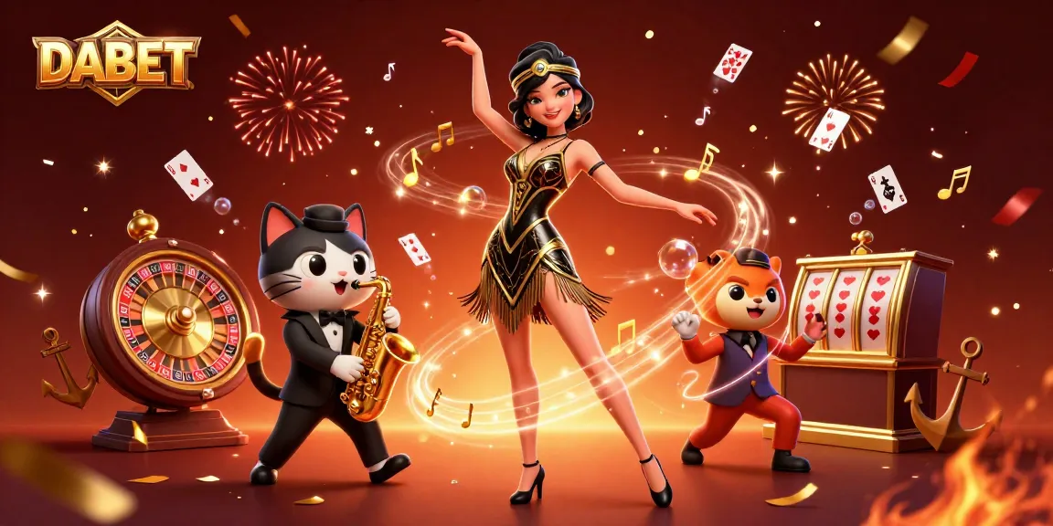 DABET brings excitement to the casino with vibrant cards, a dancing flapper, and festive confetti.