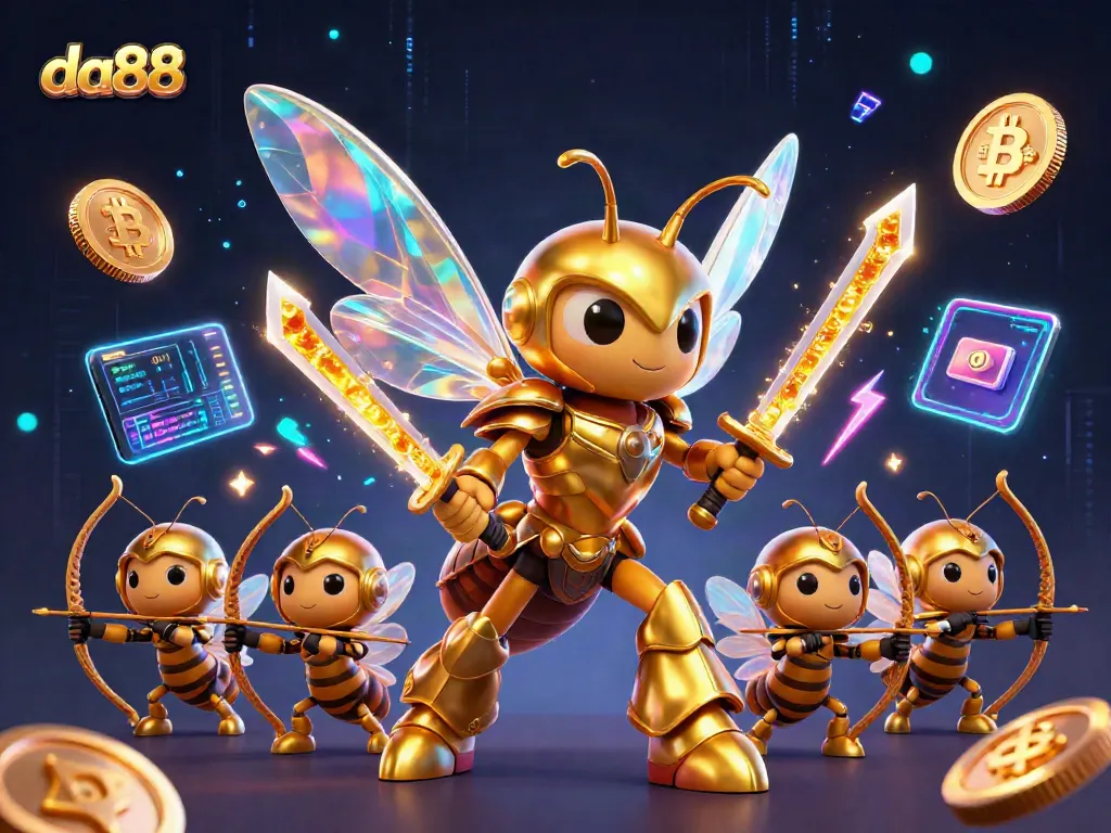 da88 showcases a dynamic gaming experience with a golden hornet character amid vibrant crypto elements.
