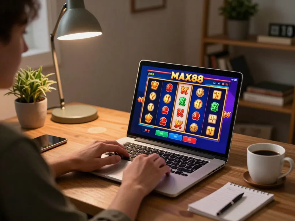 MAX88 online gaming experience showing a laptop with colorful slot game screen and cozy home desk setup.
