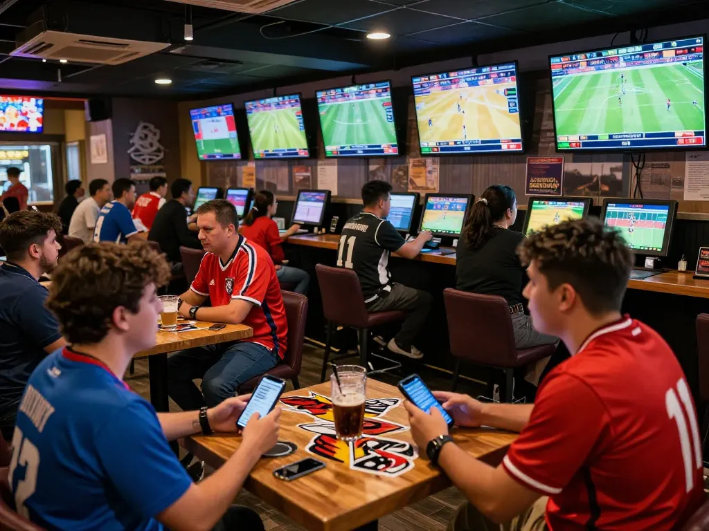 Engaged sports fans strategizing their soi kèo nhà cái while watching live games at a vibrant sports bar.