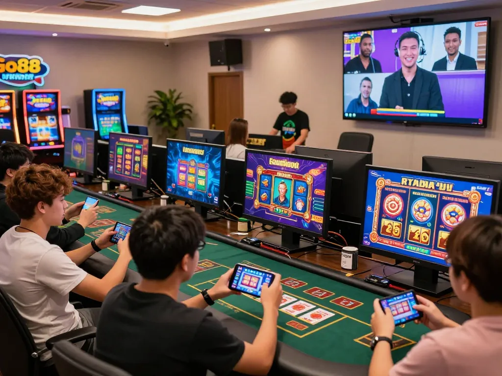 Exciting gaming scene as players tải go88 on mobile devices, showcasing diverse casino games and vibrant atmosphere.