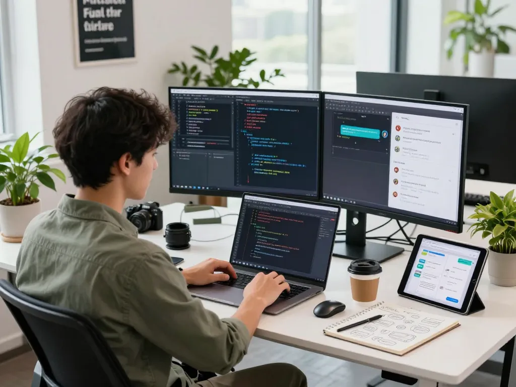 Innovative workspace showcasing a developer working on spicy chat AI projects in a modern office.