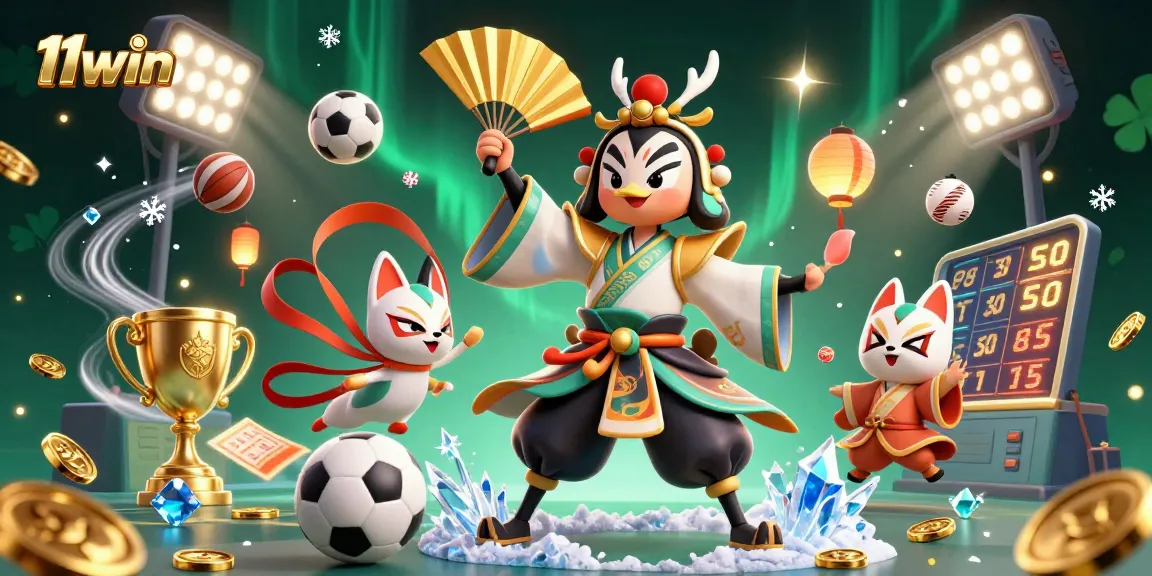 Experience dynamic sports betting with 11win's vibrant 3D casino illustration featuring traditional characters.