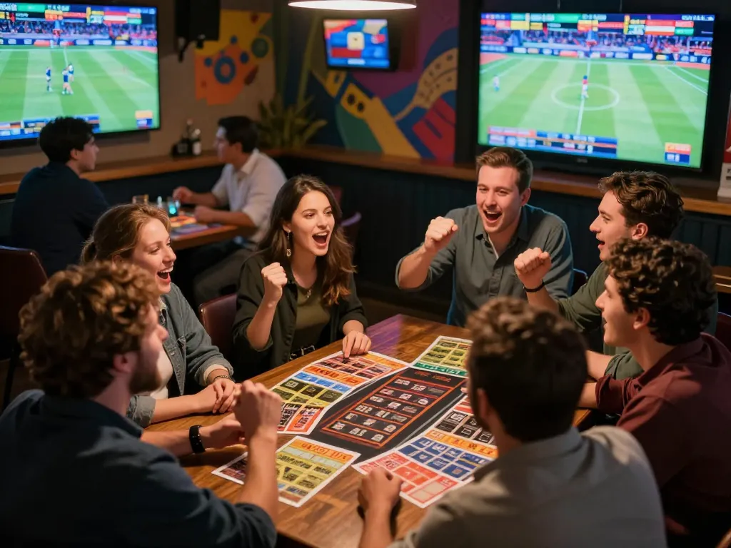 Tic88 sports betting scene with enthusiastic fans cheering as they place bets on live games.