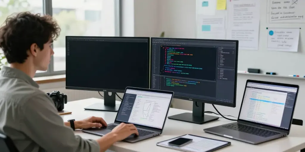 Data scientist using generative engine optimization tools in a tech workspace, displaying vibrant data visualizations and coding.