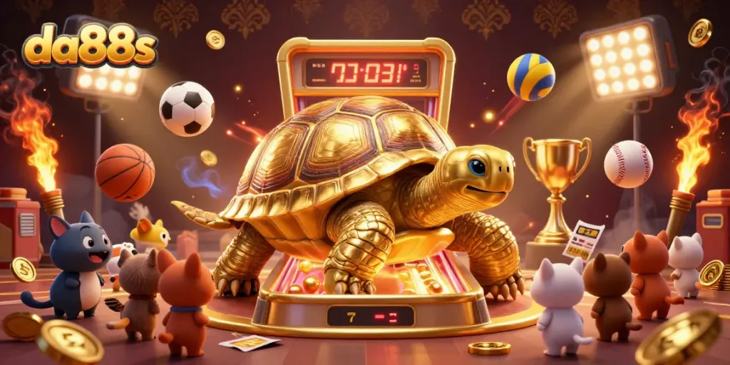 Excite at da88s with golden tortoise, sports balls, and betting slips in an engaging casino game.