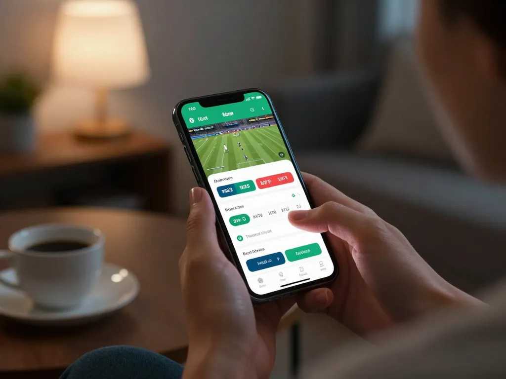 Engaging user exploring sports betting options on 1Gom app in a cozy home
