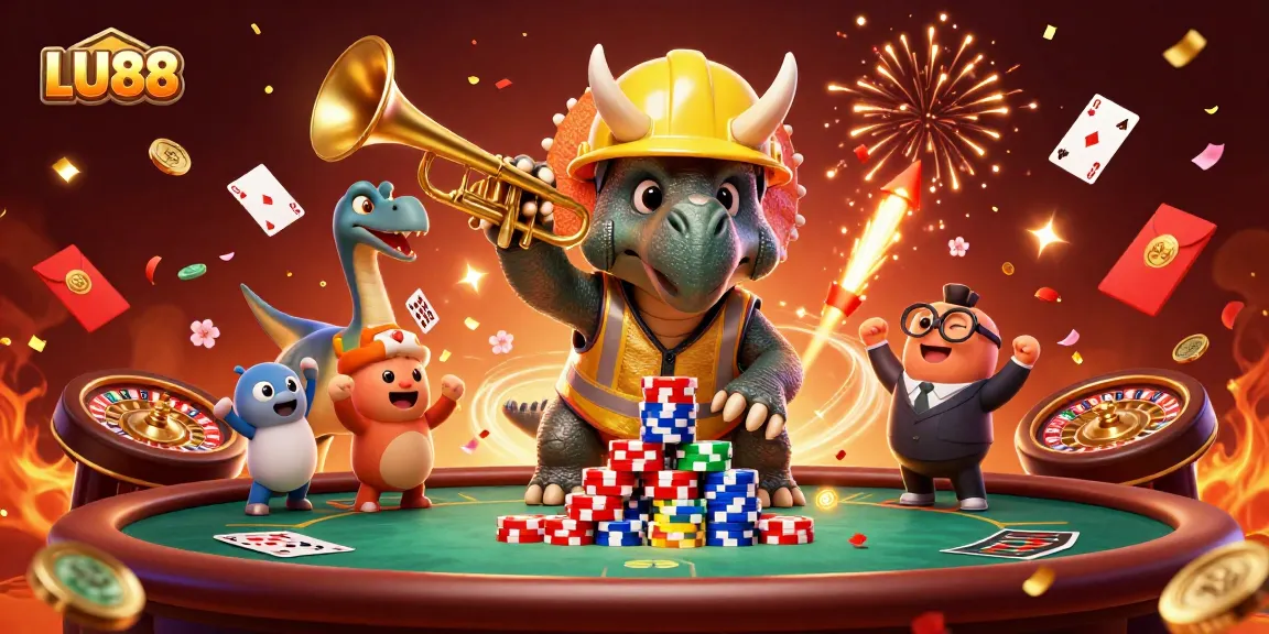 LU88 celebrates poker strategies with a triceratops stacking chips amidst vibrant casino elements.