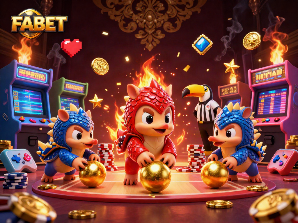 Engage in thrilling gameplay with FABET featured in a dynamic 3D casino illustration.