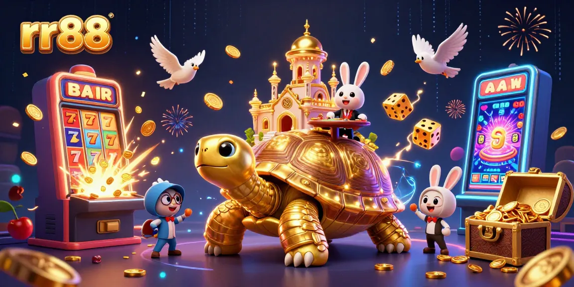 rr88 offers exciting jackpots with a massive slot machine exploding coins in a vibrant casino scene.
