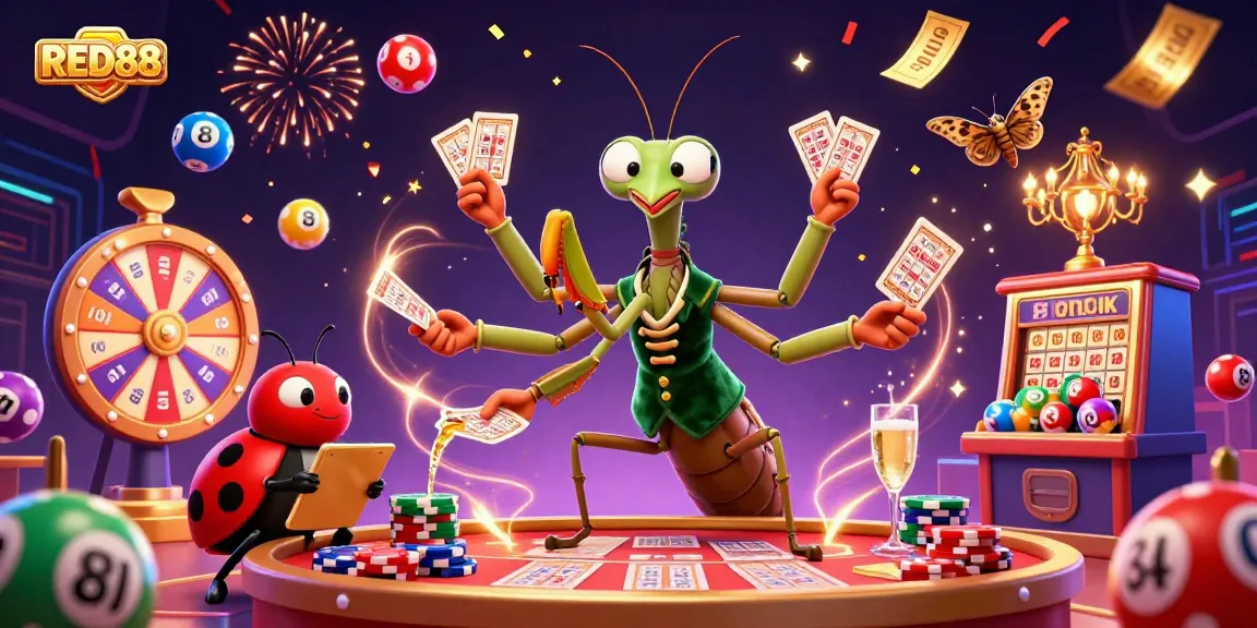 Experience the excitement of RED88 with this vibrant 3D illustration featuring a card sharp and game elements.
