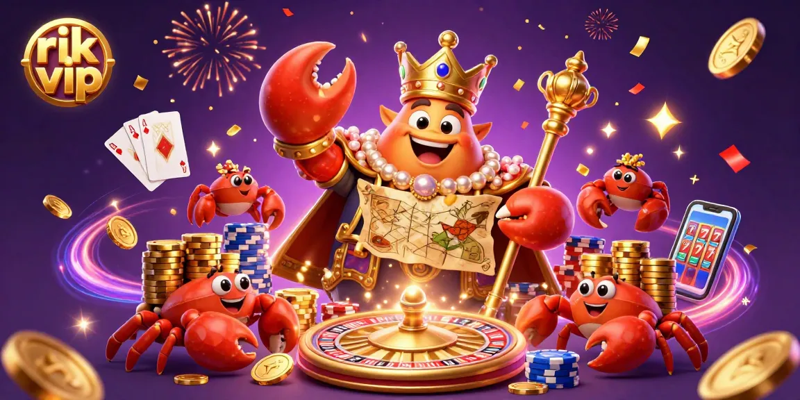 Engage with rik vip casino offerings featuring a golden crab emperor, roulette, and poker elements in a vibrant scene.
