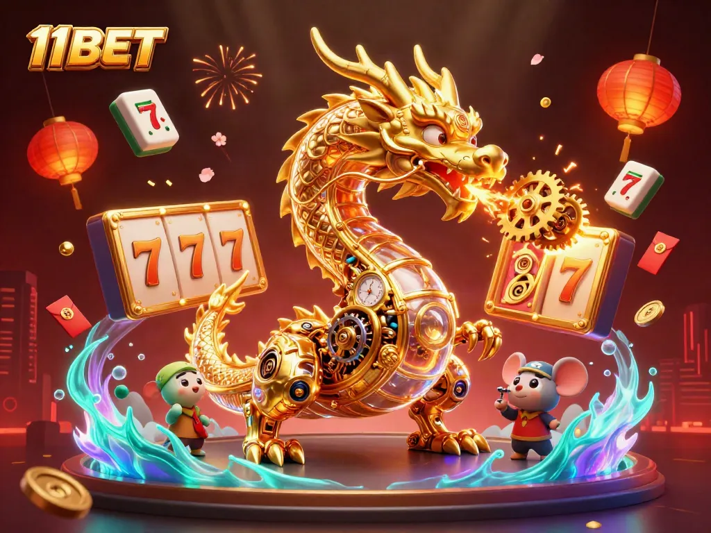 Engage with the thrilling 11BET gaming scene featuring dynamic casino elements and vibrant characters.