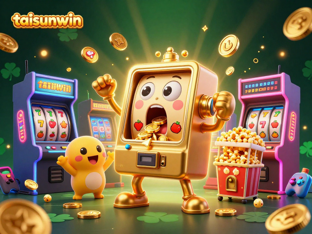 Engage with taisunwin as a golden slot machine celebrates a jackpot amidst colorful arcade gaming excitement.