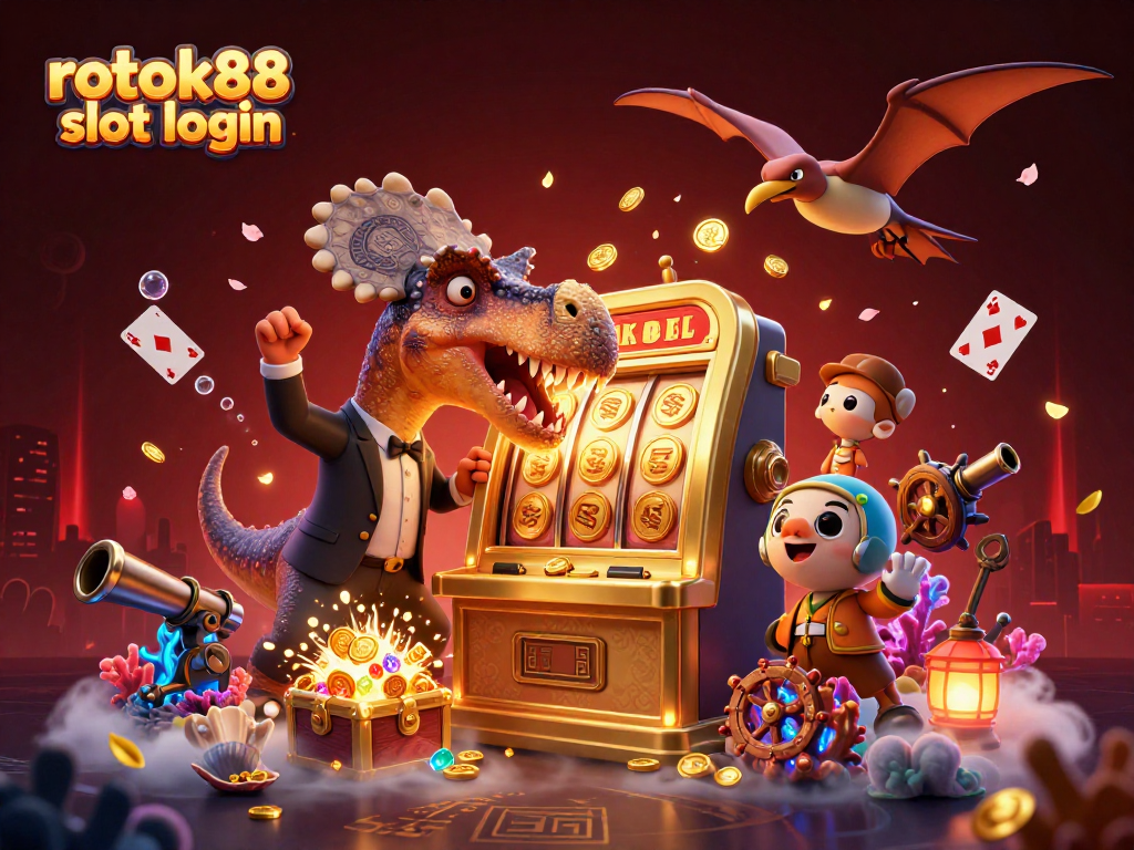 Catch jackpots with rokok88 slot login while pachycephalosaurus headbutts a golden slot machine.