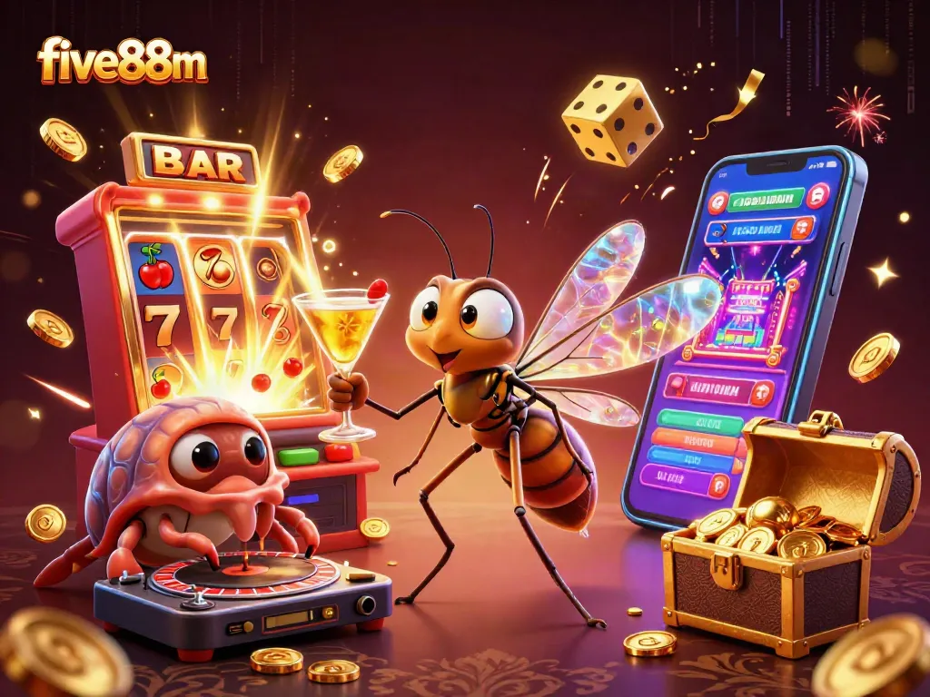 Experience the excitement of five88m with a vibrant, animated casino scene that showcases thrilling games and characters.