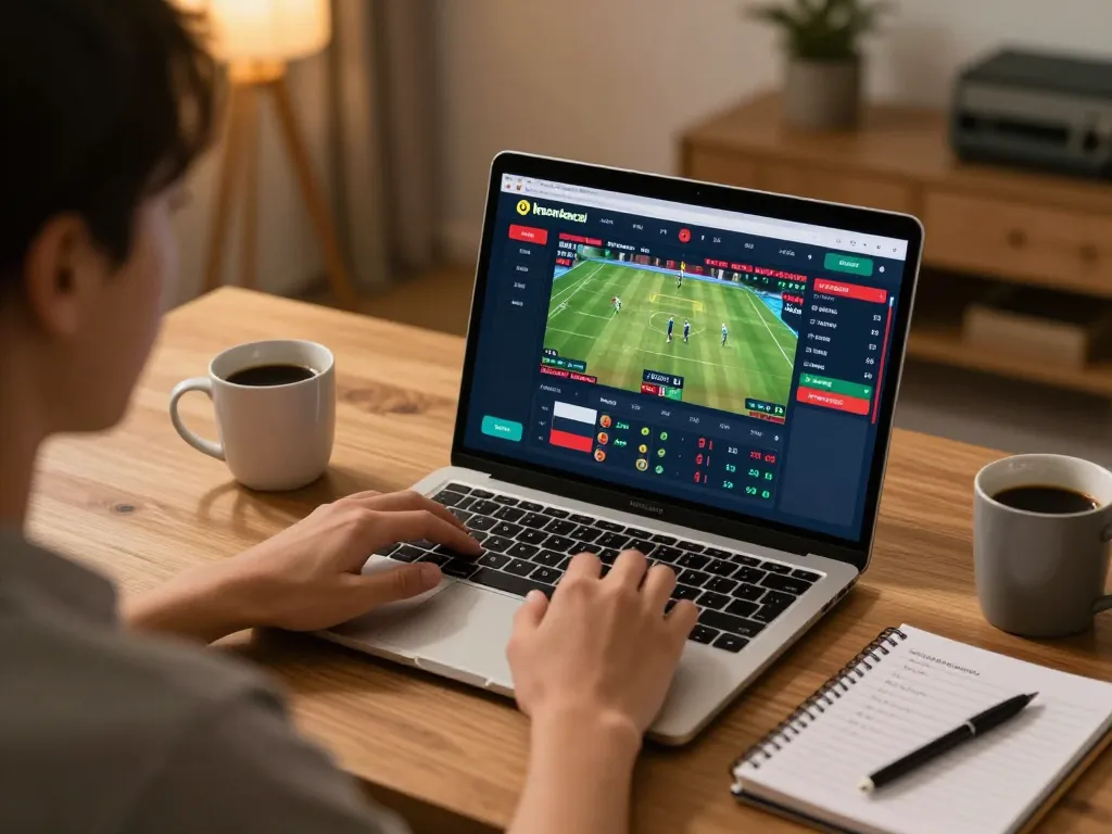 Engaging in keonhacai sports betting online with detailed odds and strategies in a cozy home office.