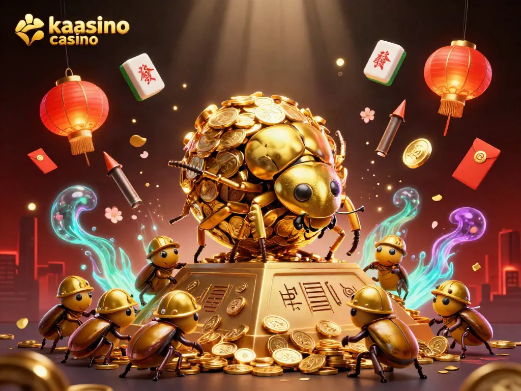 Kaasino casino features a golden beetle rolling coins, surrounded by festive game elements.