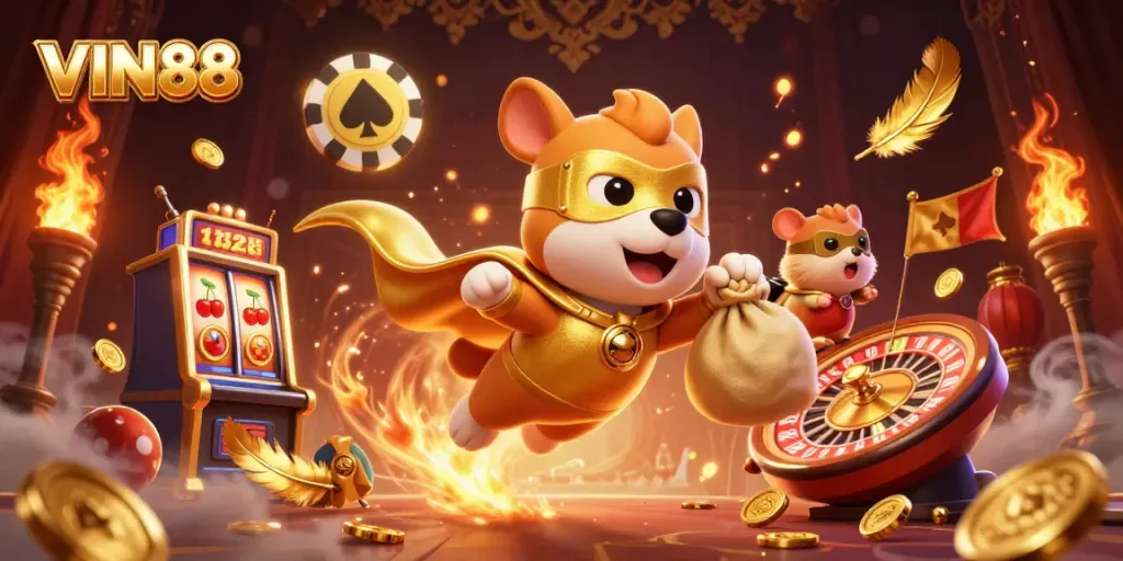 Engage with VIN88's thrilling gaming experience featuring a superhero dog and hamster in an exciting casino scene.