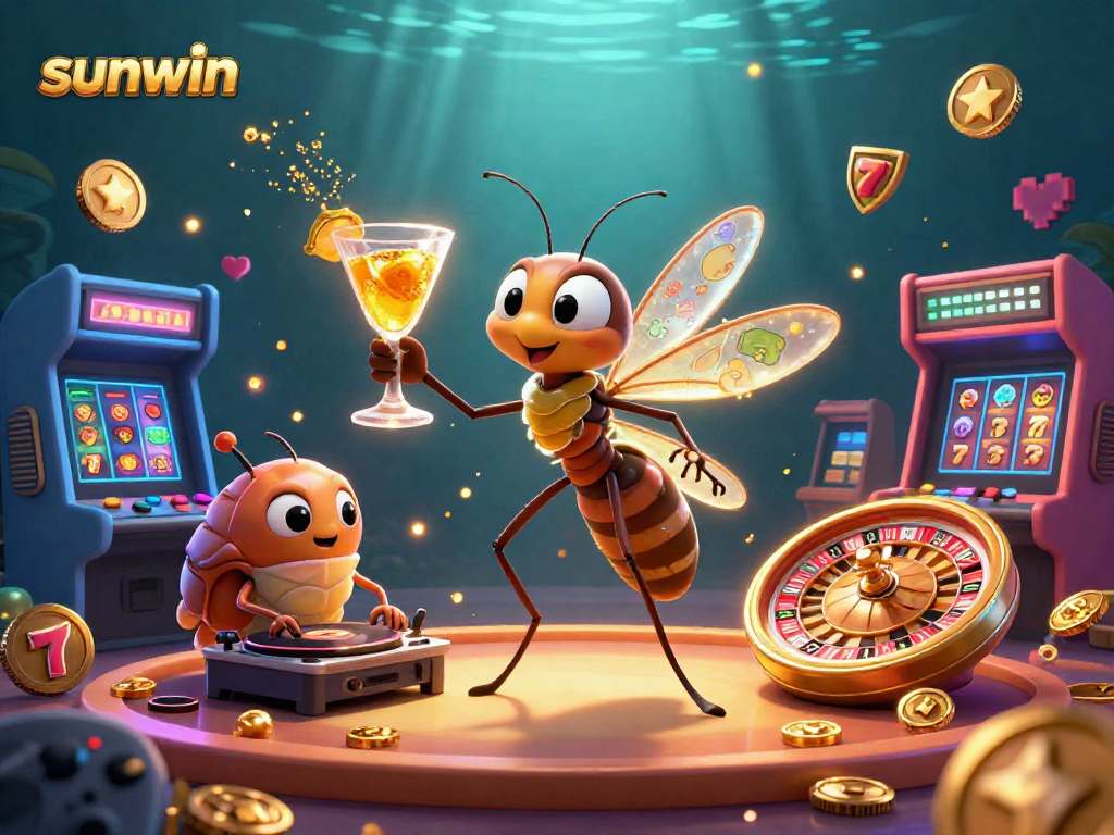 Experience the excitement of sunwin with vibrant casino characters, spinning reels, and immersive gaming elements.