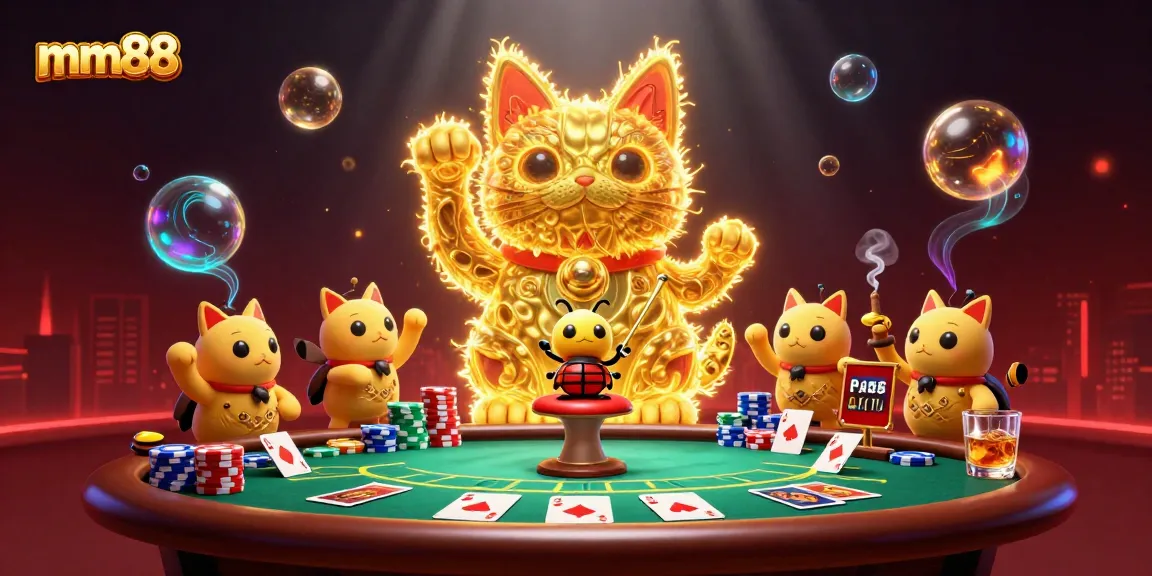 Experience a vibrant mm88 gaming scene with golden fireflies and dynamic casino symbols.