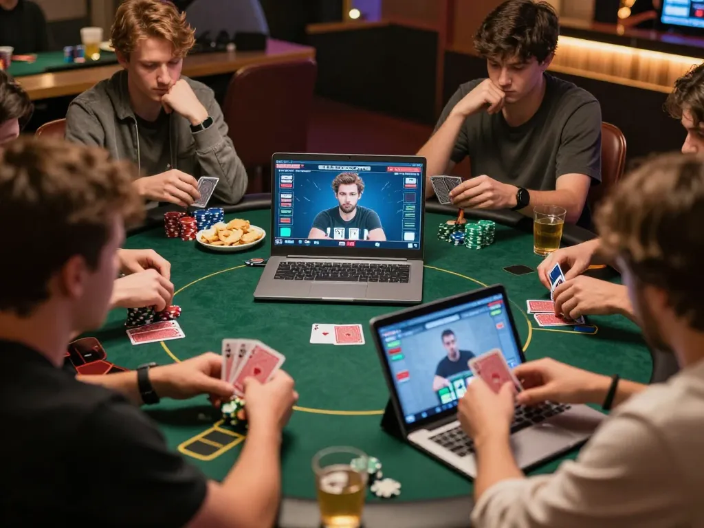 Engaged players on rr88 enjoying online poker game at cozy home setup.