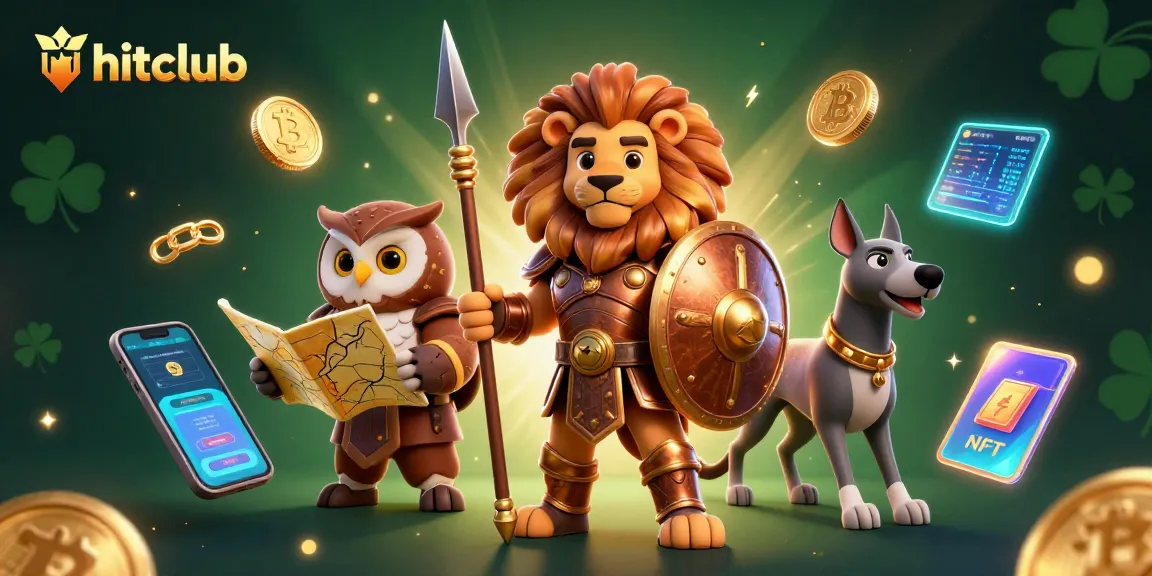 Hitclub offers an engaging casino experience, featuring dynamic characters amidst crypto elements and gaming symbols.