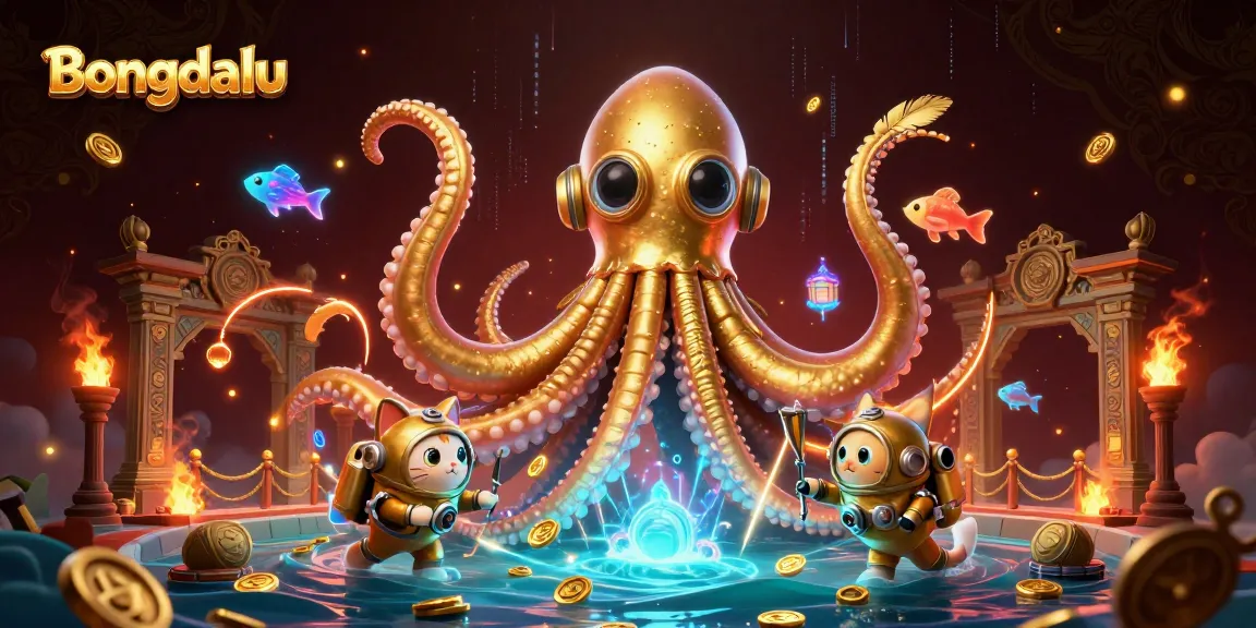 Bongdalu showcases a thrilling gaming experience with a colossal kraken and a diving cat amid dramatic golden treasures.