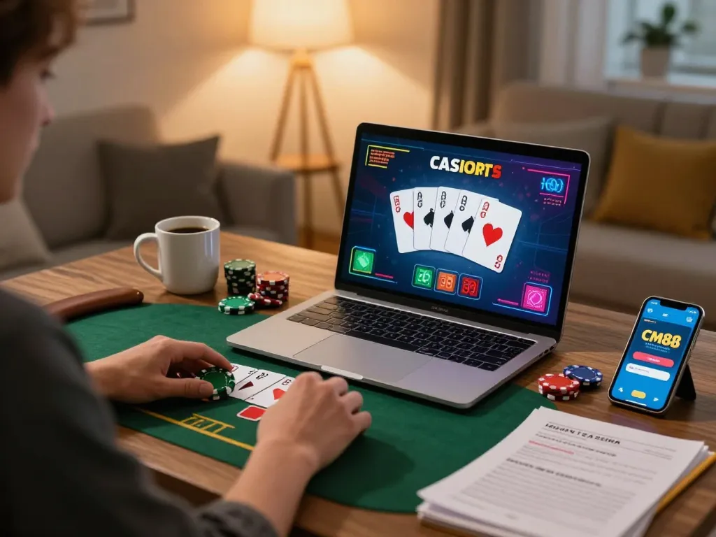 Engage in online gaming at cm88, showcasing dynamic poker gameplay from a cozy home setup.