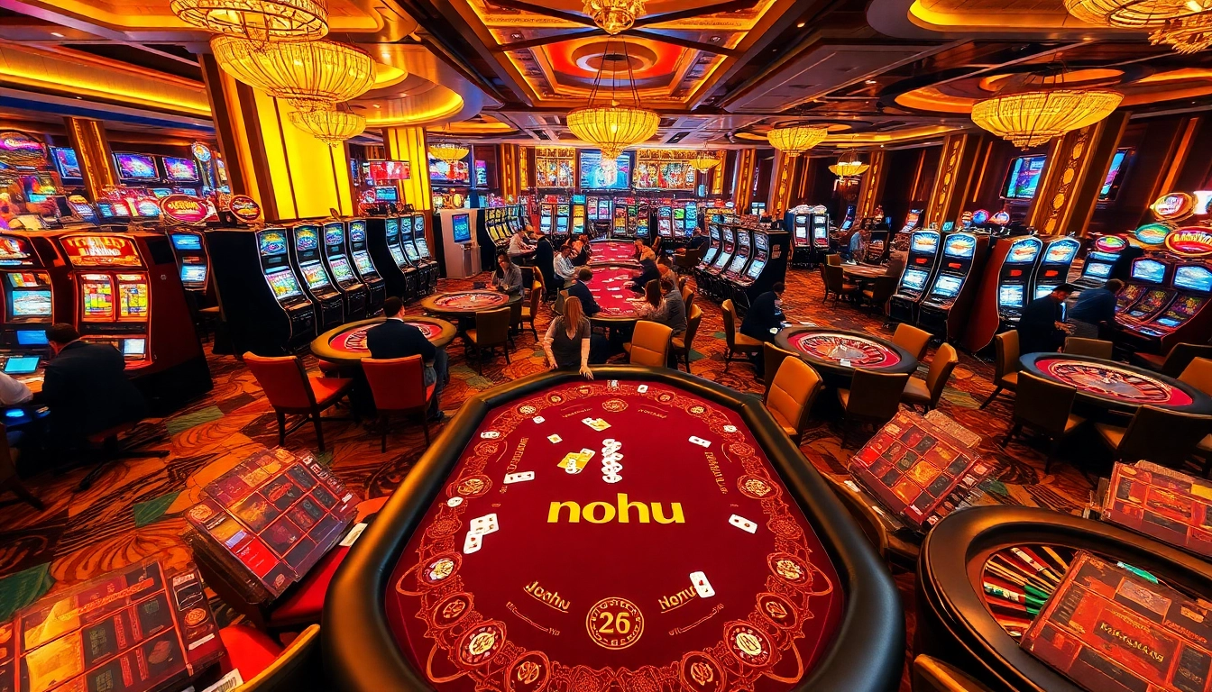 Nohu casino scene featuring vibrant slot machines, poker action, and roulette excitement.