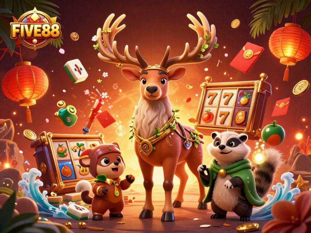 FIVE88 immerses players in a vibrant casino scene with a druid stag and fortune elements.