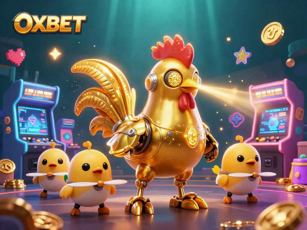Experience OXBET's vibrant casino adventure with a futuristic golden rooster and baby chick drones.