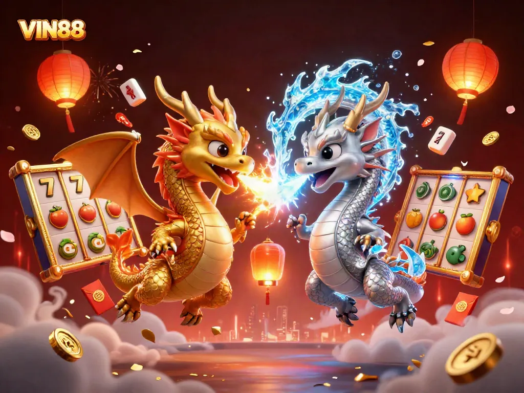 Experience thrilling wins with VIN88's dynamic casino atmosphere featuring dragons and festive elements.