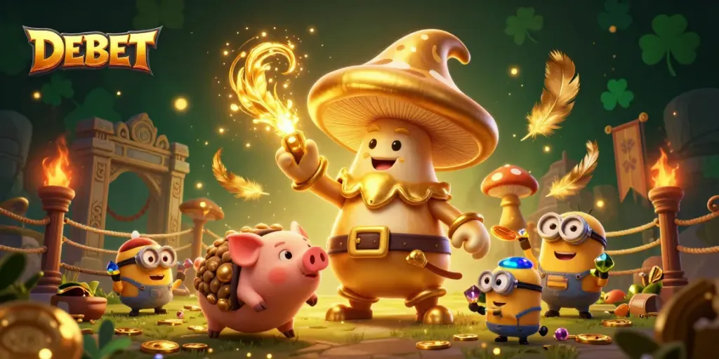 Experience the magic of DEBET's treasure-laden world, where bets turn to gold amidst swirling golden feathers.