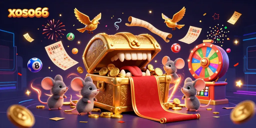 Experience xoso66's excitement with a vibrant 3D lottery illustration filled with dynamic gaming elements.