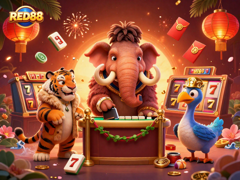 Experience thrilling gameplay at RED88, with vibrant characters and dynamic casino elements creating an engaging atmosphere.