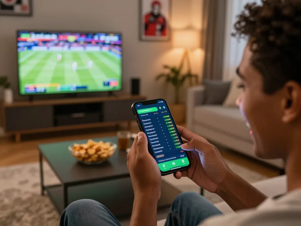 Betting excitement at https://casino555win.com/ as a player engages with a live sports app in a cozy living room.