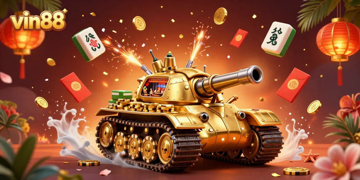 Experience vin88 with a vibrant 3D casino scene inside a golden beetle tank, featuring dynamic game elements.