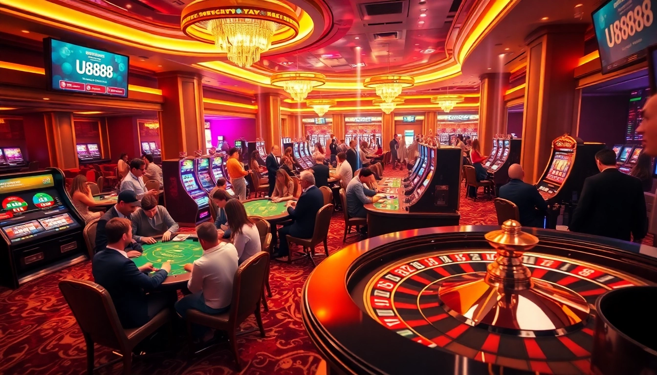 Players enjoying games at a vibrant casino scene featuring U8888 with animated slot machines and poker tables.
