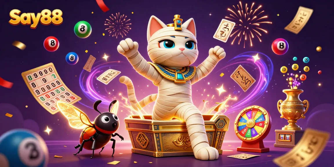 Experience thrilling gameplay at Say88 with an Egyptian mummy cat bursting from a sarcophagus surrounded by vibrant casino elements.