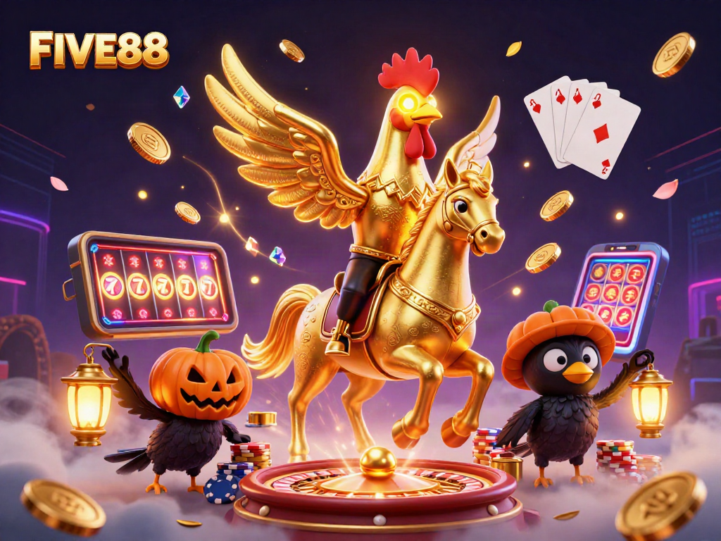 Experience the thrill of FIVE88 with golden rooster and vibrant casino elements illuminating the night.