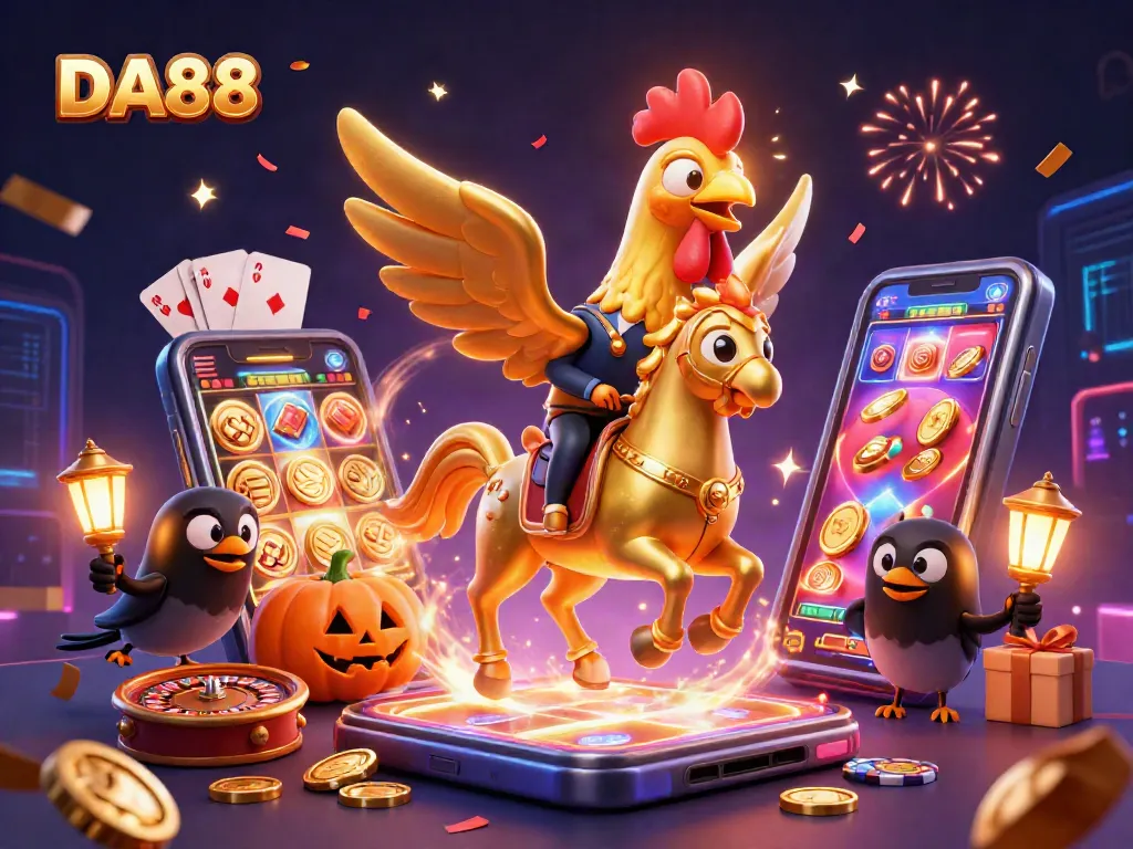 DA88 casino scene featuring a golden rooster and crow companions playing slots and roulette.